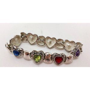 Bracelet Hearts Silvertone with Colored Faceted Crystals Magnetic Clasp